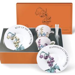 Tea Cup Set With 2 Tea Cups 2 Saucers And 2 Spoon