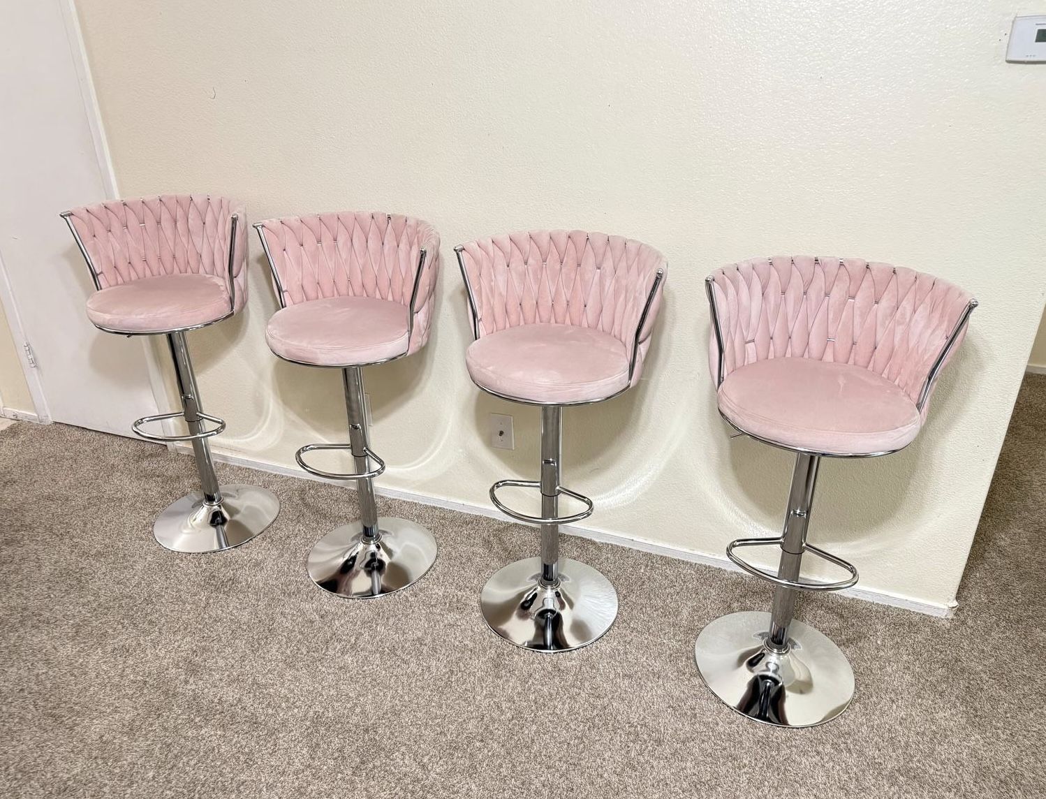 Set Of 4 Light Pink Velvet Bar Stools