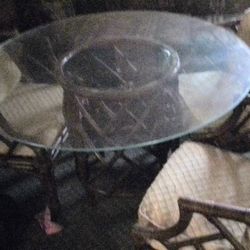 Mid 20th Century Chinese Chippendale Style Rattan Barrel Dinning Table And Chairs 