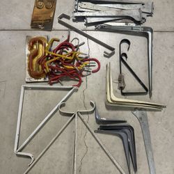 Assorted Metal Shelf Brackets, Wall Hooks & Hardware – Garage / Storage Lot