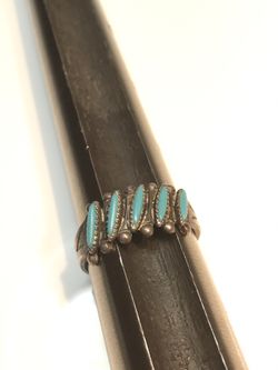 Old Vintage Native American Sterling Silver Zuni Petite Point Turquoise Ring, Sz 7.25