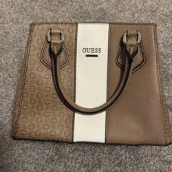 Guess Brown and Cream Satchel with Monogram Design