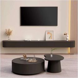 Floating TV Stand Wall Mounted TV Cabinet Floating Shelves with Door Entertainment Media Console Solid Wood Modern Living Room Round Corner TV Stand (