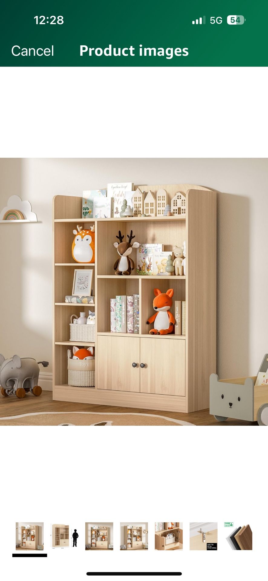 New, Oak Kids Bookshelf, Kids Bookcase with 7 Cubbies and 2 Cabinet