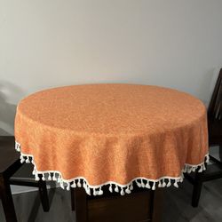 Round Orange Tablecloth With White Pom Pom Fringe 55.5”X 55.5”