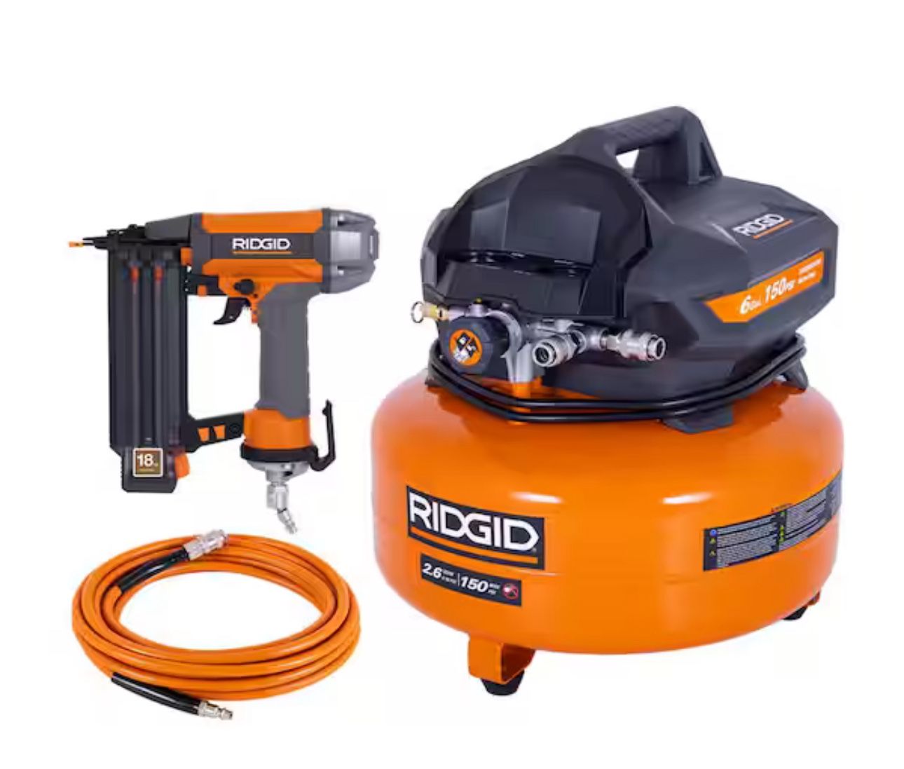 6 Gal. 150 PSI Portable Electric Oil-Free Jobsite Pancake Air Compressor with 25 ft. Air Hose and 18GA Brad Nailer