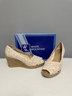 White Mountain Mandarin Beige Fabric Peep Toe Wedge, 7.5, Women