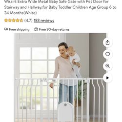 Wisairt Extra Wide Metal Baby Safe Gate W/ Pet Door Fits Opening Between 29.5” to 48.8 White NEW 