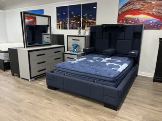 5PC BEDROOM SET BLUETOOTH SPEAKERS LED LIGHTS WIRELESS CHARGING QUEEN BED DRESSER MIRROR  ON SALE NOW ENDS 12/5/25!!****