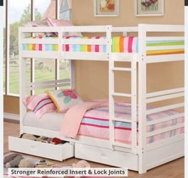 White Wood Twin Bunk Bed with Storage Drawers