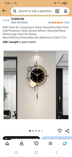Wall Clock for Living Room Decor Decorative Wall Clock with Pendulum Silent Quartz Battery Operated Black Metal Large Clock for Dining Room,Kitchen,Ho