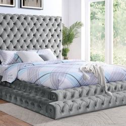 Brand New Grey Plush Platform Queen Bed Frame (Available In Eastern King)