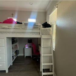 Full size bed with attached desk & shelves& drawers