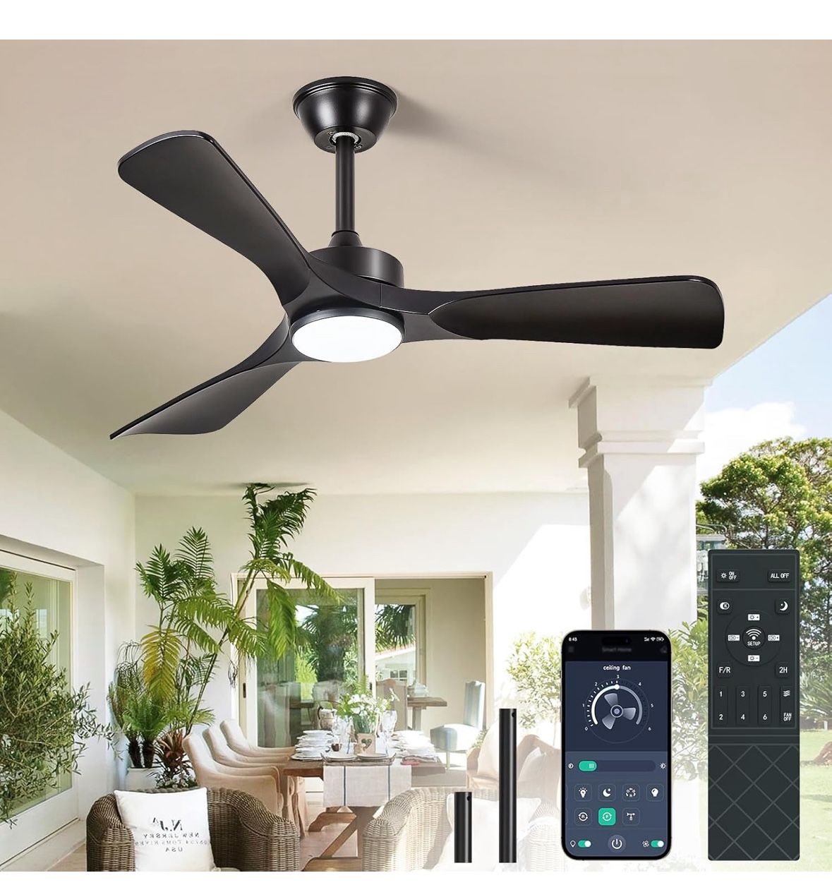 Black Ceiling Fan with Light: 42-Inch Ceiling Fan 3 Blades Low Profile Outdoor - Modern Ceiling Fans with Remote APP Control Quiet Reversible DC Motor