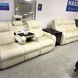Two Ivory Leather Dual Power Recliner Sofas With Drop Down Console - We Deliver & Finance 🥳🔥🚚💸