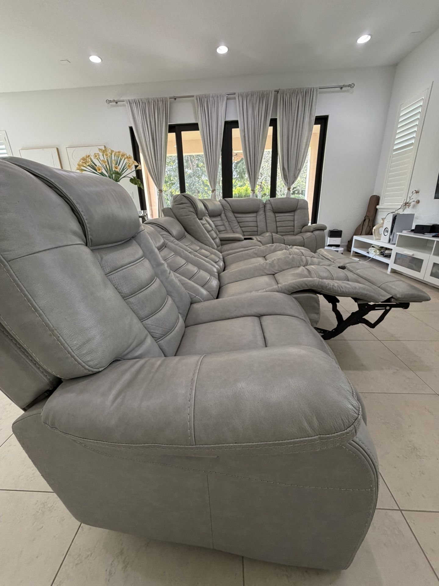 Gray Leather Reclining Sectional Sofa – 7 Seats (4 Recliners) + Cup Holders & USB Ports