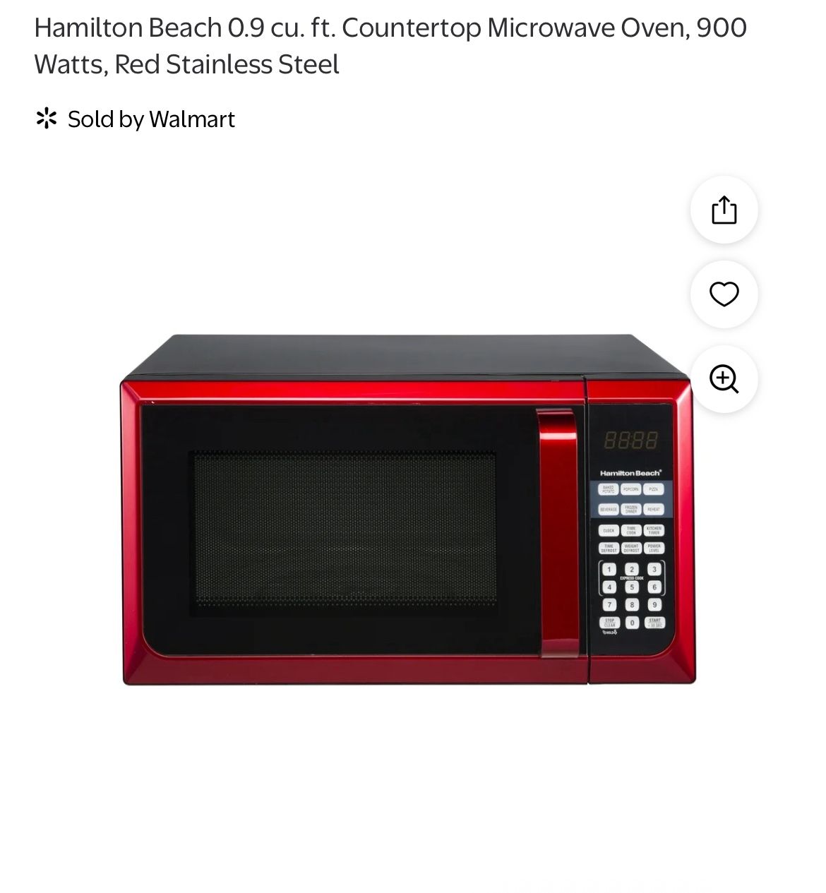 Hamilton Beach 0.9 cu. ft. Countertop Microwave Oven, 900 Watts, Red Stainless Steel