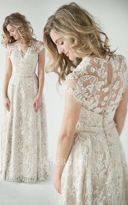 Country Lace A-Line Summer Wedding Dress Beach Boho Casual V-Neck Floor Length Mature Bridal Gown