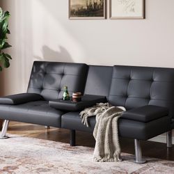 LINSY Futon Sofa Bed, Faux Leather Sleeper Sofa with Mattress and Frame, Convertible Futon Couch for Living Room, Black