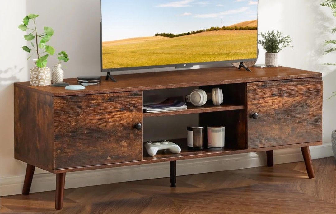 Stand for 55 60 inch TV, Modern Mid Century Entertainment Center with Storage, Brown