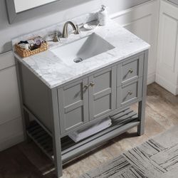 36”grey single sink bathroom vanity with carrara white marble stone top