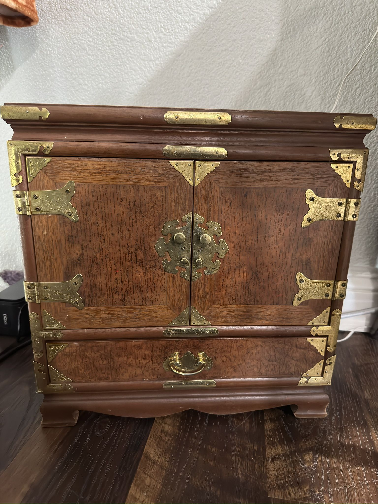 Japanese Tansu Style Wood Jewelry Box Chest of Drawers Apothecary Cabinet Storage Organizer Burl Gold Vintage