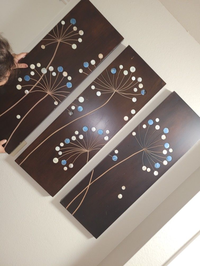 Decoration Wall art three piece panels with shell inlays (keywords: painting frame picture brown blue white flower dandelion)