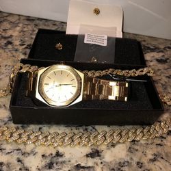 Cuban Chain, Gold watch, Champagne Diamond Stud Earrings