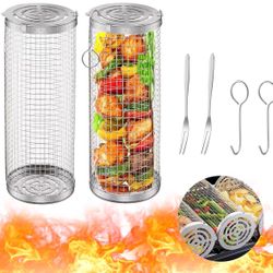 Rolling Grilling Basket, Stainless Steel Mesh Cylinder Grill Baskets, Removable Rolling Grilling Basket BBQ for Meat, Vegetables Round Grill Cooking A