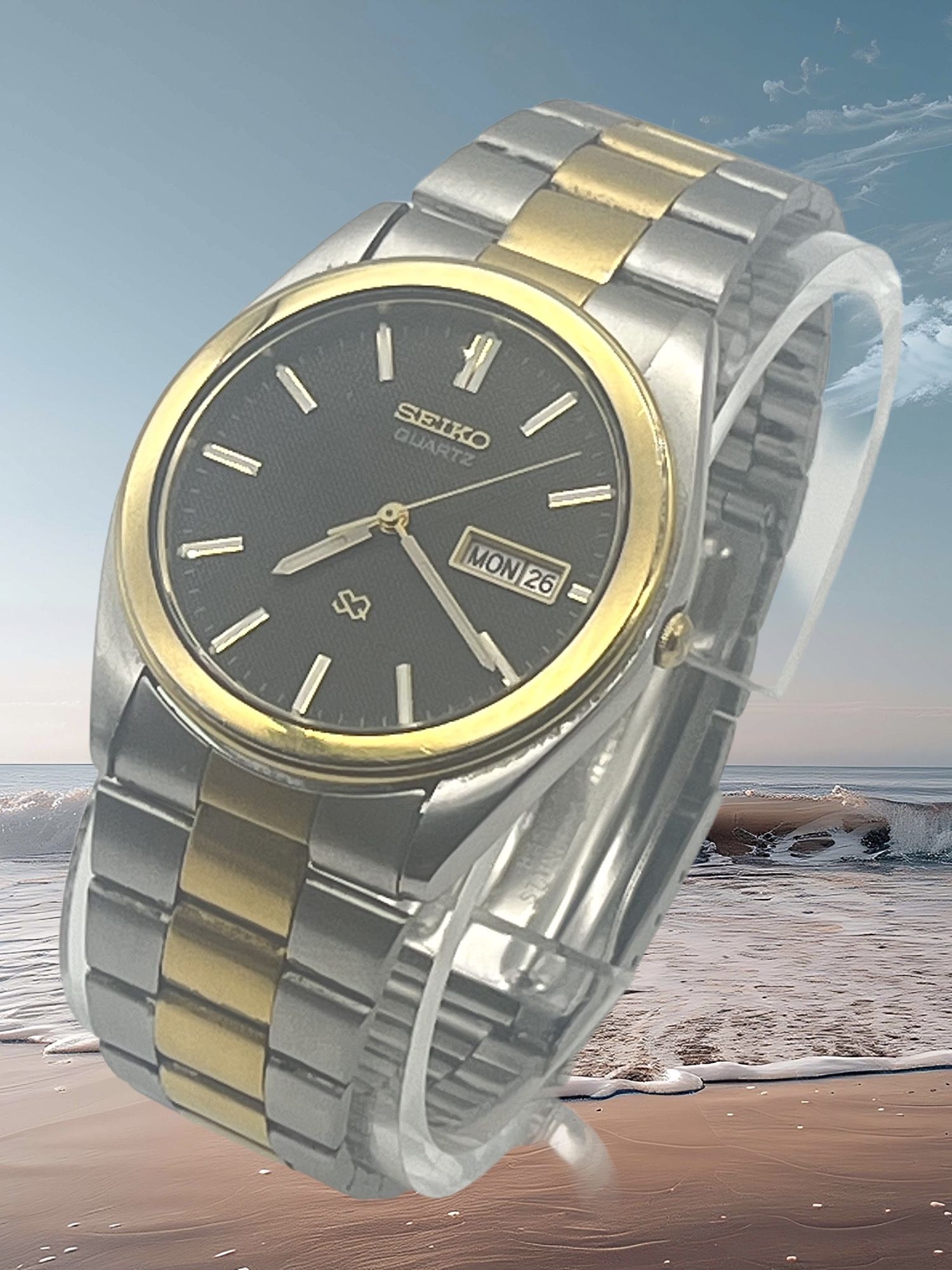 Vintage 1990 Seiko SQ, 36mm size case, 7.5in size wrist bracelet 