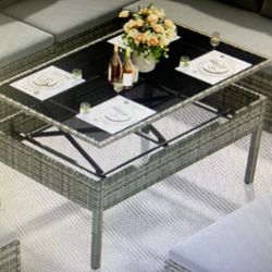 OUTDOOR ADJUSTABLE HEIGHT TABLE WITH GLASS TOP BRAND NEW JUST BUILT!!!