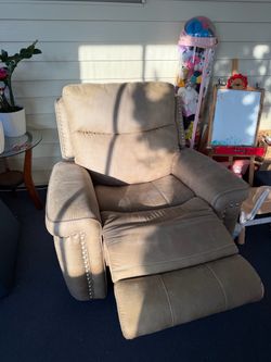 Set of 2 Beige Microfiber Recliner Chairs with Nailhead Trim