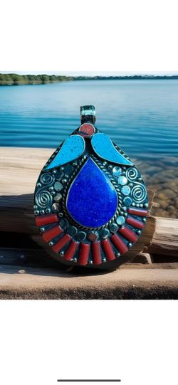 Vintage & Handcrafted Navajo Design Fruit Shape Pendant Inlay Stones Set In Silver 50grams