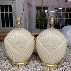 SALE-Vintage 1980s Art Deco revival glass and brass White scalloped  Lamps