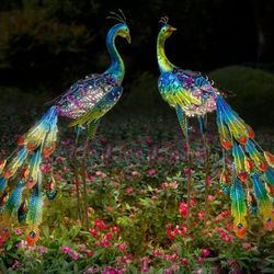 Multicolor Solar Peacock Set 2 Lighted Peacocks Figurines LED Solar Powered, Multicolor Yard Statue Waterproofed, Pathways Lawn Decoration, Brand New.