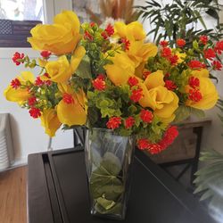 Pretty Yellow and Red Artificial Flowers with Glass Vase.  