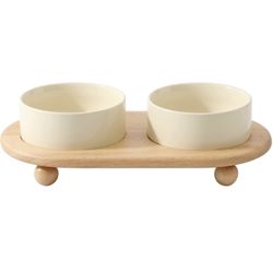 Ceramic Elevated Cat Food and Water Bowl, Kitty Bowl, Raised Cat Dish, Pet Feeder (5.1 in, 2 x Beige + Stand)