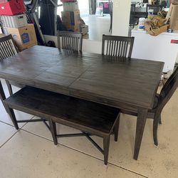 Dark Wood Dining Set | Table, 4 Chairs, Bench