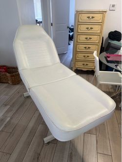 White leather Surgical industrial style adjustable chair, great for tattooing or massage table