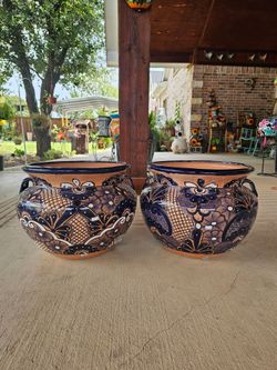 Talavera Blue Terracota Clay Pots. Planters. Plants. Pottery $60 cada uno