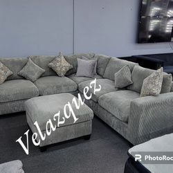 ✅️✅️ 4pc for grey corduroy fabric upholstered sectional sofa with ottoman ✅️✅️
