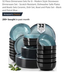 32 Piece Dinnerware Sets for 8 - Modern Style Stoneware Dinnerware Set - Scratch Resistant, Dishwasher Safe Plates and Bowls Sets Ceramic, Dish Set, B