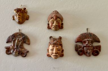 Vintage Maya / Aztec Style Terracotta Wall Mask Set + Framed “Maya Gods” Artwork