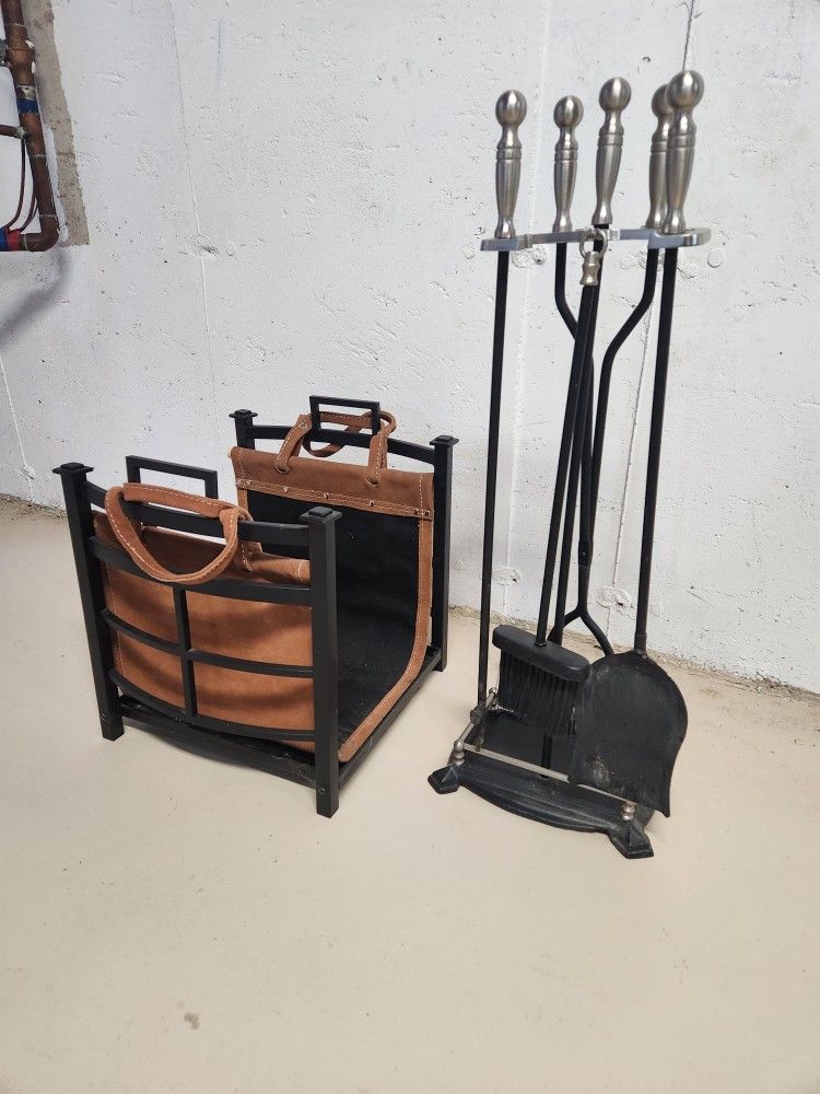 Fireplace Iron Tools Set & Leather Firewood Rack