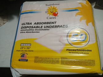 New Sunshine, 50 ULTRA ABSORBENT DISPOSABLE UNDERPADS, 23"x 36", 2 Packs available, $25 each.