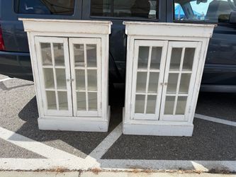 Vintage Pair Solid Pine Glass Door Display Cabinets
