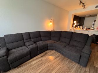 blue sectional with two recliner seats, storage + cup holders | $250 OBO