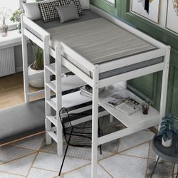 Twin Size Loft Bed with Desk, Storage Shelves and Ladder And Convertible Lower Bed