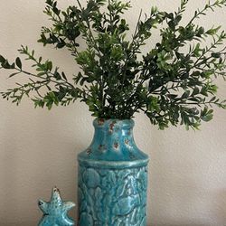 Coastal Beach Turquoise Starfish Ceramic Vase 15.5"