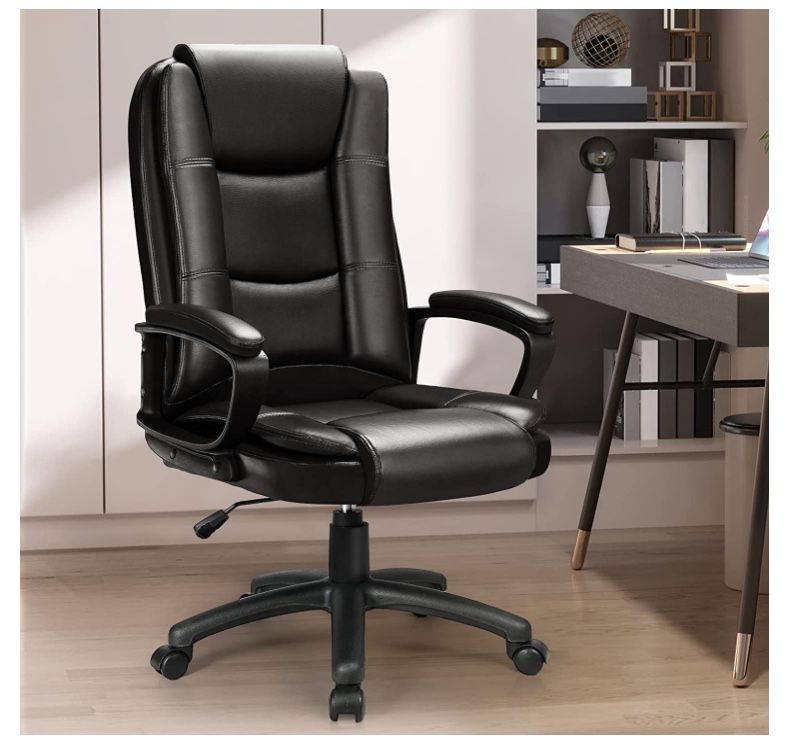 Executive Office Desk High Back Ergonomic, Adjustable Height and Recline, PU Leather with Lumbar Support (Black)